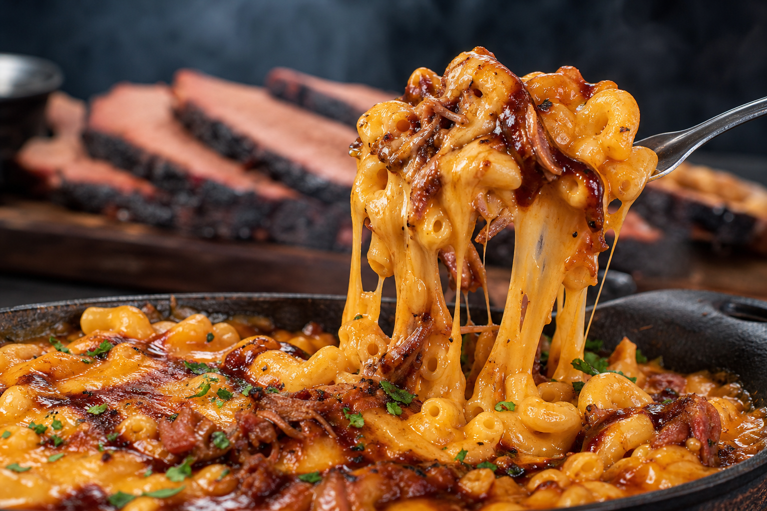 Close-up texture of cheesy, smoky mac and cheese