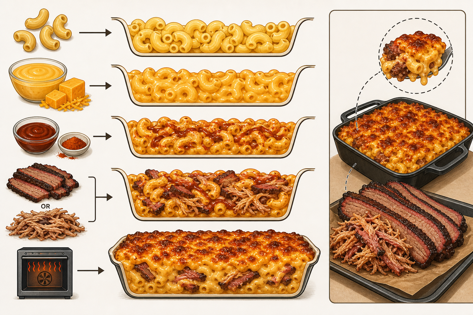 Simple visual of how barbecue elements integrate into mac and cheese
