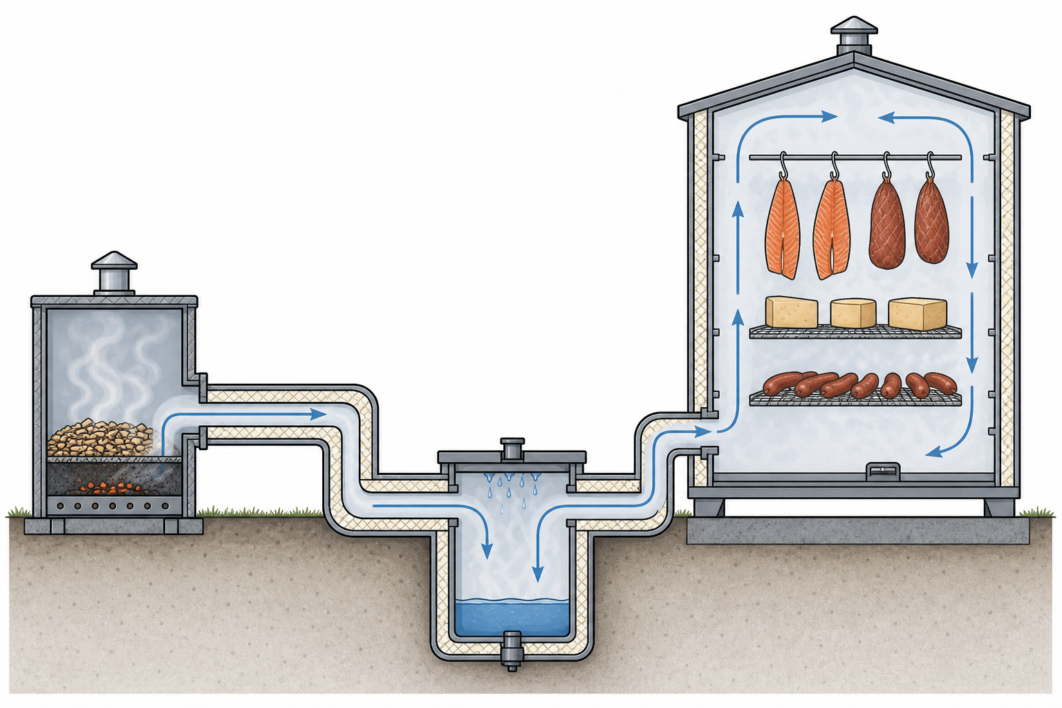Cutaway schematic showing smoke path and cooling/condensation control in cold smoking.