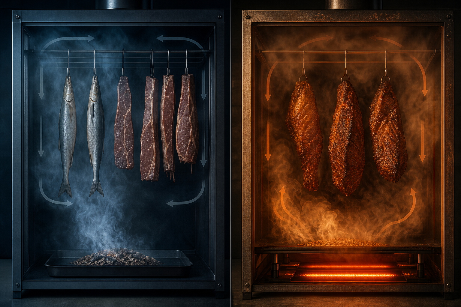 Visual comparison of cold smoking vs hot smoking environment.