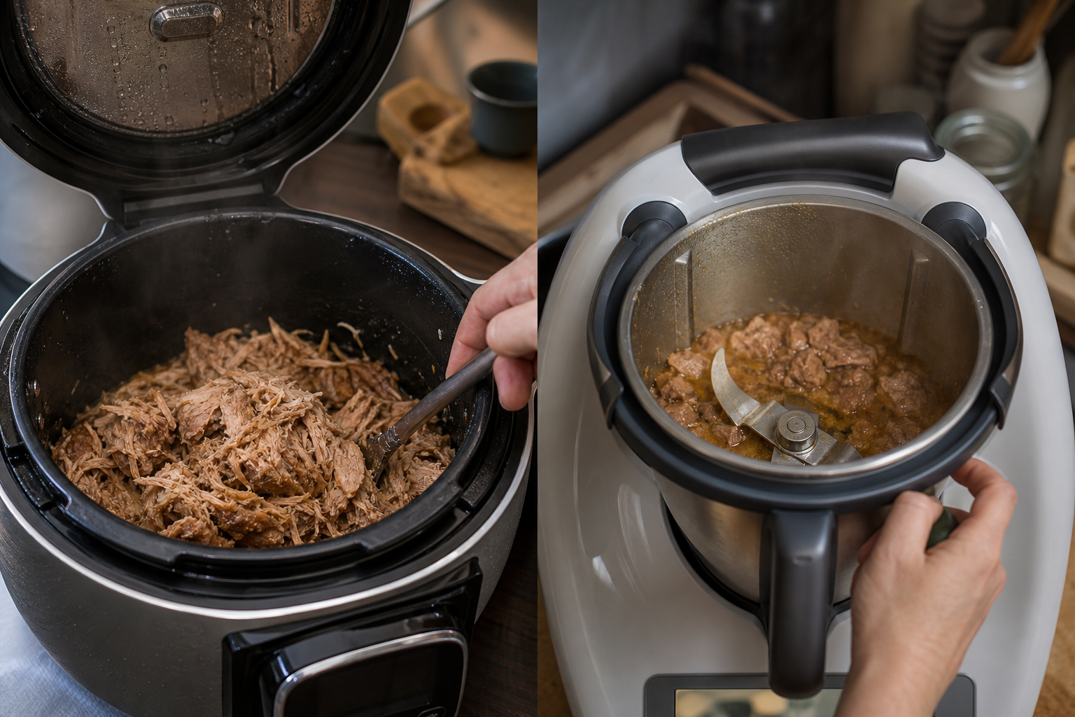 Comparaison visuelle de la préparation au Cookeo (pression) vs au Thermomix (mix/robot).
